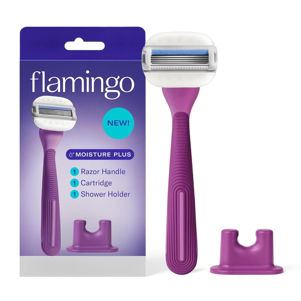 imageFlamingo Moisture Plus Womens Razor Set  No Shave Gel Needed  Razor Handle 4 Blade Refills Shower Holder  SeafoamFig