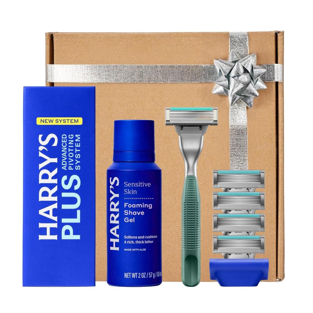 imageHARRYS PLUS Shaving Kit for Men  Gift Box with Premium Handle 5 Razor Blade Cartridges 2 oz Foaming Shave Gel ampamp Travel Cover Advanced Pivoting System  TideMoss