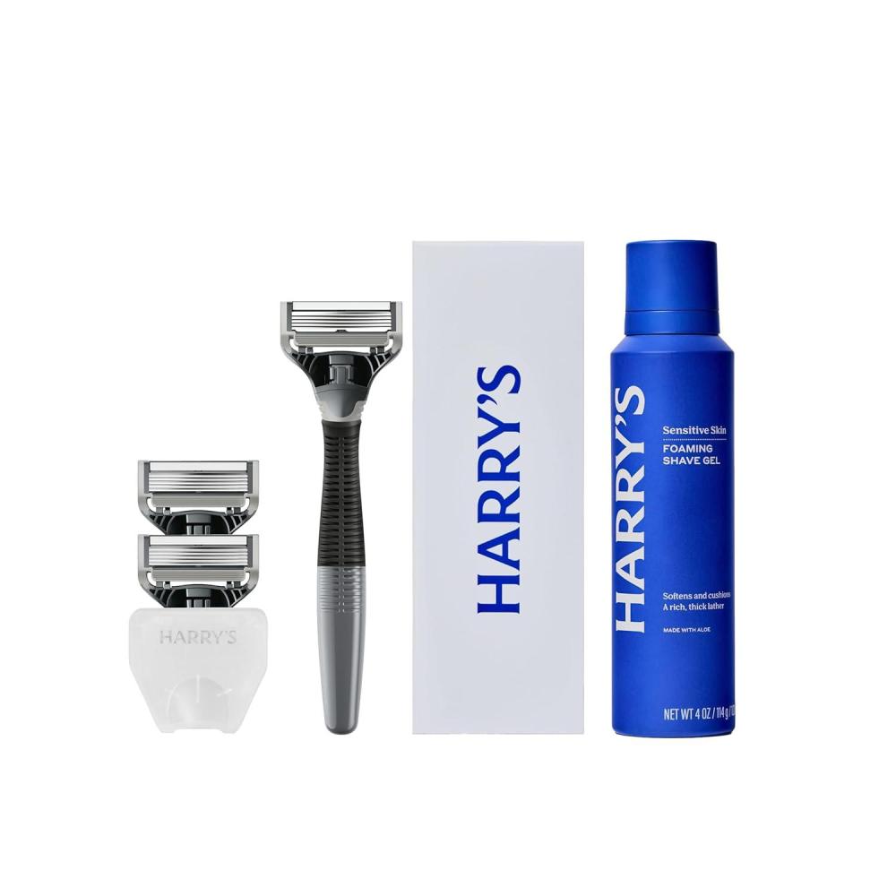imageHarrys Original Shaving Kit for Men Razor Handle 3 Razor Blade Refills Foaming Shave Gel and Travel Blade Cover German Engineered Ocean BlueCharcoal