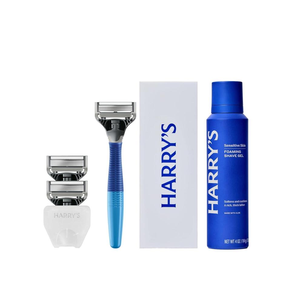 imageHarrys Original Shaving Kit for Men  Razor Handle 3 Razor Blade Refills Foaming Shave Gel and Travel Blade Cover  German Engineered  Ocean BlueOcean Blue