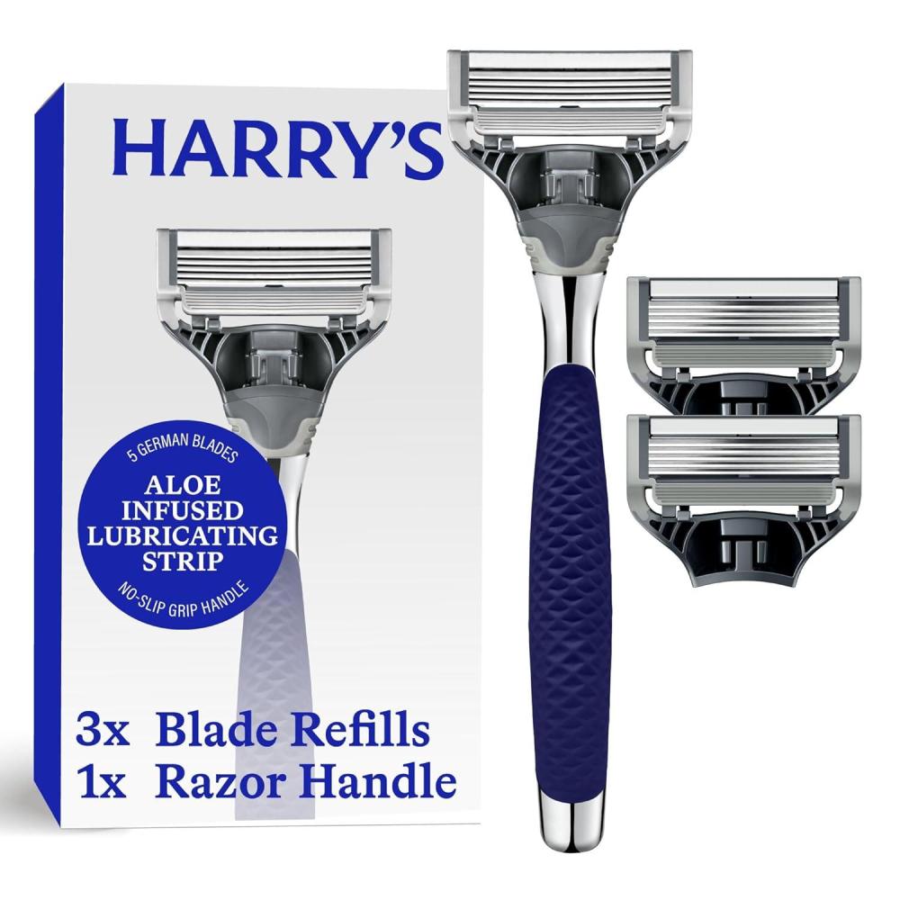 imageHarrys Original Shaving Kit for Men Razor Handle and 3 Razor Blade Refill Cartridges German Engineered Chrome EditionNavy