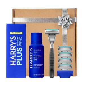 HARRY’S PLUS: Shaving Kit for Men – Gift Box with Premium Handle, 5 Razor Blade Cartridges, 2 oz Foaming Shave Gel & Travel Cover, Advanced Pivoting System – Tide(Onyx)