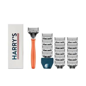 Harry’s Original Shaving Kit for Men – Razor Handle, 15 Razor Blade Refills, and Travel Blade Cover – German Engineered – Orange