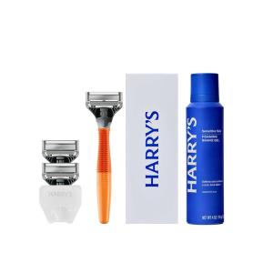 Harry’s Original Shaving Kit for Men – Razor Handle, 3 Razor Blade Refills, Foaming Shave Gel, and Travel Blade Cover – German Engineered – Ocean Blue(Ember)