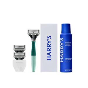 Harry’s Original Shaving Kit for Men – Razor Handle, 3 Razor Blade Refills, Foaming Shave Gel, and Travel Blade Cover – German Engineered – Ocean Blue(Sage)