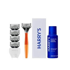Harry’s Original Shaving Kit for Men – Razor Handle, 5 Razor Blade Refills, Foaming Shave Gel, Travel Blade Cover – German Engineered – Chrome Edition(Ember)