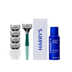 Harry’s Original Shaving Kit for Men – Razor Handle, 5 Razor Blade Refills, Foaming Shave Gel, Travel Blade Cover – German Engineered – Chrome Edition(Sage)