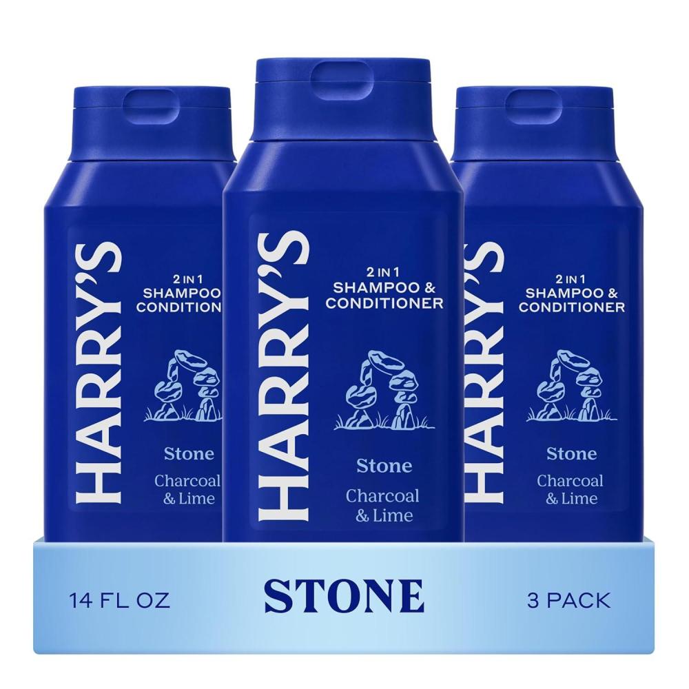 imageHarrys Mens 2 in 1 Shampoo and Conditioner for All Hair Types  New Stone Scent  3 Pack 14 fl oz  No Parabens or SulfatesStone