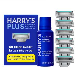 Harry’s Plus Razor Refills – 6 Razor Blade Cartridges and Foaming Shave Gel – Compact Cartridge Design for Precise Control – Shaving Kit for Men(6 Count + 1 Shave Gel)