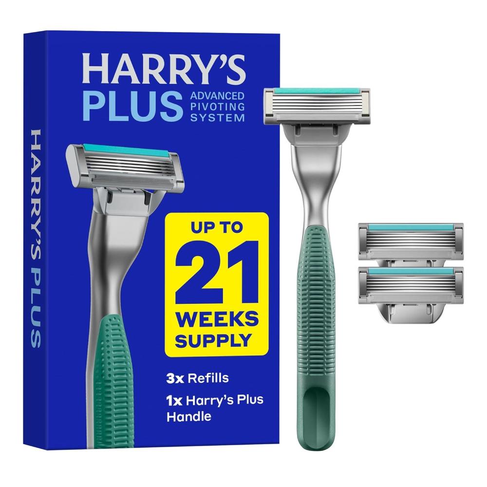 imageHarrys Plus Razor Shaving Kit for Men Premium Handle and 3 Razor Blade Cartridges Advanced Pivoting System ClayMoss