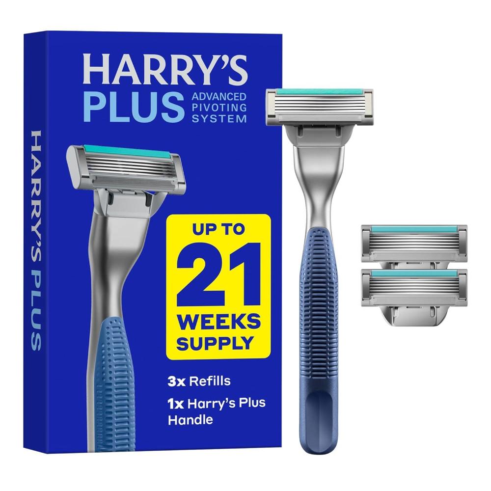 imageHarrys Plus Razor Shaving Kit for Men Premium Handle and 3 Razor Blade Cartridges Advanced Pivoting System ClayTide
