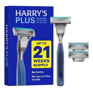 Harry’s Plus Razor Shaving Kit for Men – Premium Handle and 3 Razor Blade Cartridges – Advanced Pivoting System – Clay(Tide)