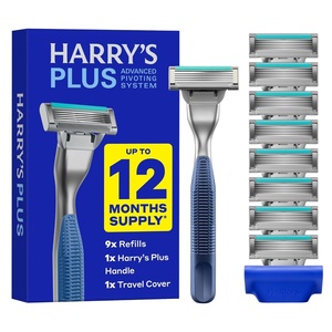 Harry’s Plus Razor and Blade Value Pack, 1 Razor Handle (Tide), 9 Razor Blade Refill Cartridges- German Engineered- Up to 12 Months of Smooth Shaving